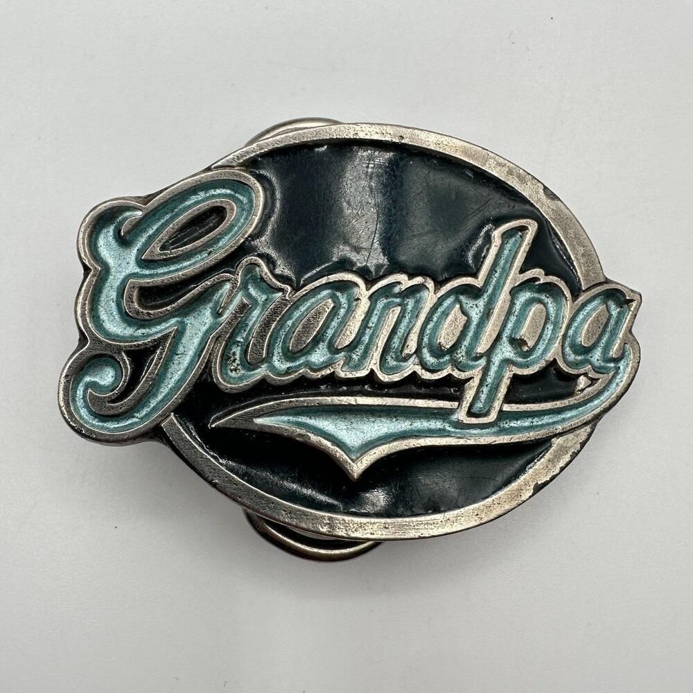 Vintage 80s Belt Buckle Silver Tone Pewter Blue Enamel American Retro Jewelry